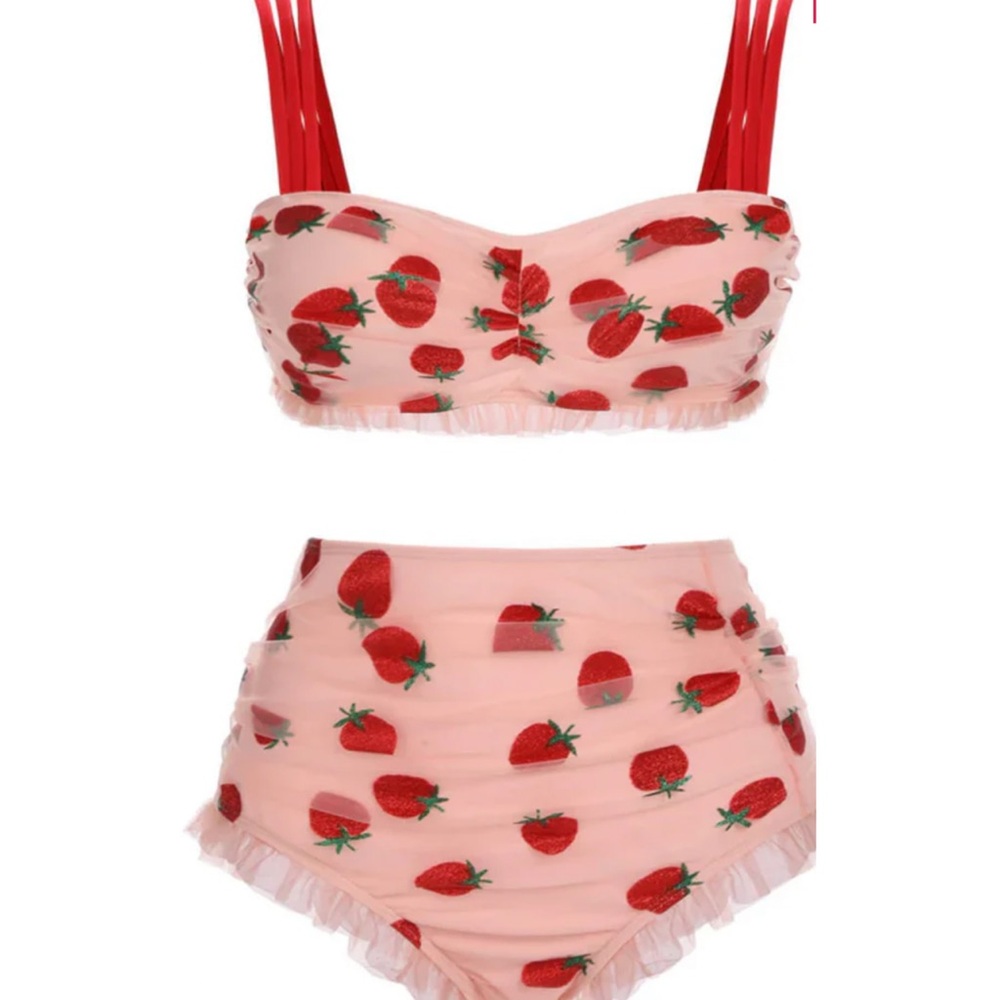 Strawberry Print Bikini Set - Light Pink